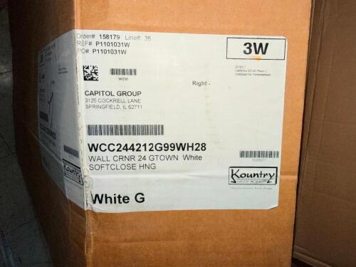 KOUNTRY WOOD PRODUCTS GEORGETOWN 24-INCH WHITE RIGHT WALL CORNER CABINET WITH SOFT-CLOSE HINGES. FACTORY-FINISHED WHITE CORNER WALL CABINET DESIGNED FOR RIGHT-HAND INSTALLATION.