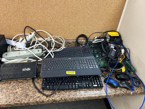 (1) LOT OF KEY BOARDS, MOUSES, AND POWER STRIPS AS SHOWN