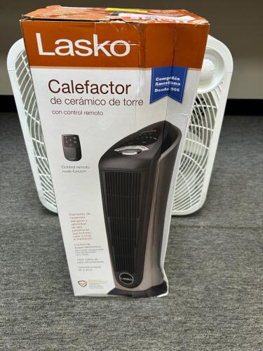 (1) TOWER HEATER AND (1) BOX FAN