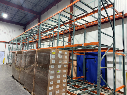 (8) SECTIONS HEAVY-DUTY TEARDROP PALLET RACK SYSTEM WITH STRUCTURAL PALLET SUPPORTS.