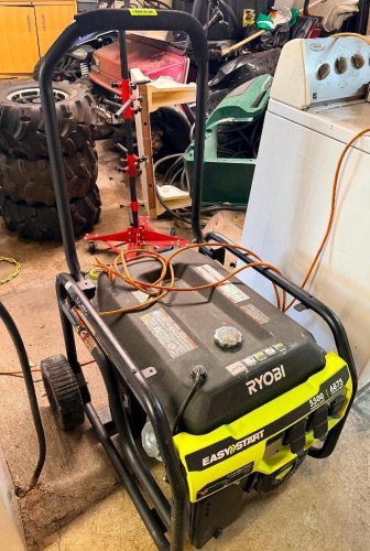 RYOBI / EASY START 5500-WATT GAS-POWERED PORTABLE GENERATOR WITH TUBULAR STEEL FRAME, RECOIL START, WHEEL KIT, AND FOLDING HANDLE.