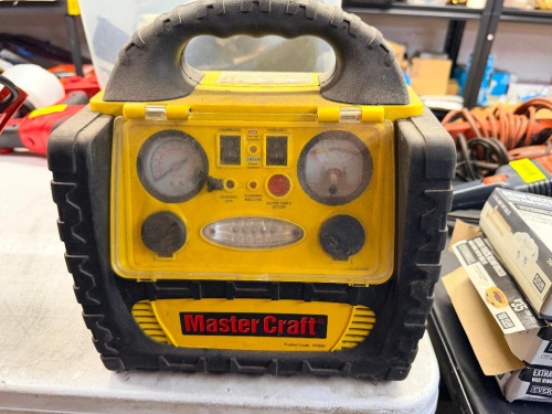 12V PORTABLE POWER STATION WITH AIR COMPRESSOR, WORK LIGHT, AND DC POWER OUTLETS.