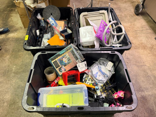 (3) BLACK PLASTIC TOTES W/ CONTENTS - ASSORTED HARDWARE