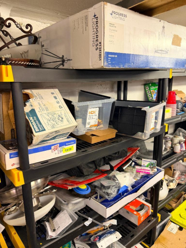 CONTENTS OF SHELF - ASSORTED LIGHTING FIXTURES AND HARDWARE.