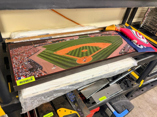 BUSCH STADIUM PANORAMIC PRINT AND KC CHIEFS FLAG.