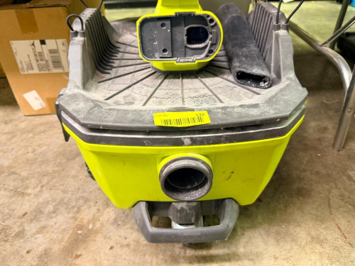 RYOBI ONE+ CORDLESS WET/DRY VACUUM WITH ROLLING COLLECTION TANK, FLEXIBLE VACUUM HOSE, AND DETACHABLE MOTOR HEAD.