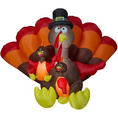 NEW IN BOX AIRBLOWN INFLATABLE TURKEY FAMILY SCENE WITH BLOWER, STAKES, TETHERS,