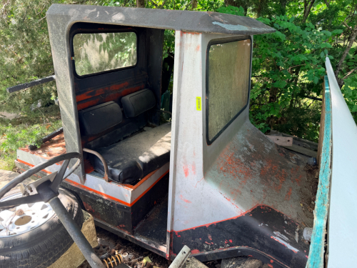 ENCLOSED INDUSTRIAL UTILITY CART WITH FIBERGLASS CAB FOR PARTS OR RESTORATION.