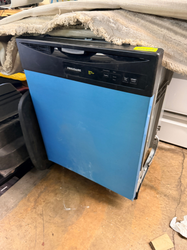 FRIGIDAIRE BUILT-IN UNDERCOUNTER DISHWASHER WITH BLUE FRONT PANEL, BLACK CONTROL PANEL, UPPER AND LOWER DISH RACKS, SILVERWARE BASKET, AND MULTIPLE WASH CYCLE SELECTIONS.