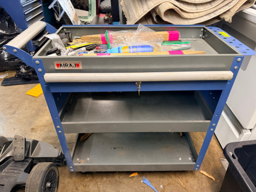 AIRAJ ROLLING TOOL CART WITH LOCKING TOP STORAGE COMPARTMENT, TWO LOWER STORAGE SHELVES, SIDE HANDLE, AND INTEGRATED SIDE TOOL HOLDERS