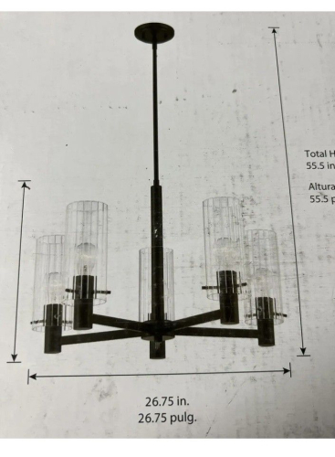 CORDIAL LIGHTING CLOVERPORT COLLECTION 5-LIGHT CHANDELIER WITH MATTE BLACK FINISH AND CLEAR RIBBED GLASS SHADES