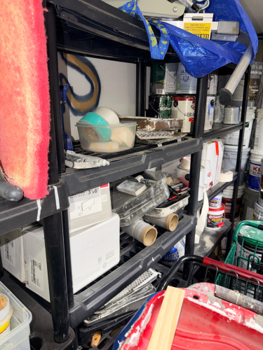 LARGE ASSORTMENT OF PAINT, CAULK, SPRAYS, AND CLEANERS.