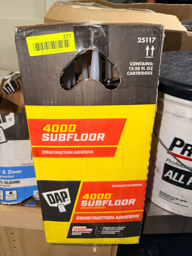 (1) BOX OF DAP 4000 SUBFLOOR CONSTRUCTION ADHESIVE, 28 FL. OZ. CARTRIDGES.