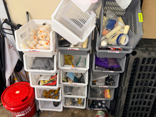 (15) STACKING PLASTIC ORGANIZERS W/ CONTENTS