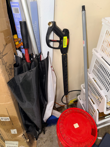 PRESSURE WASHER WAND, UMBRELLA, AND (1) BUCKET.