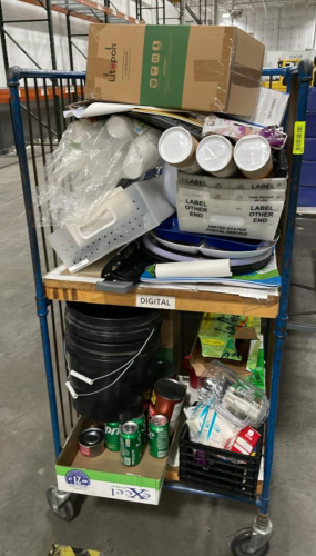 (1) ROLLING UTILITY CART WITH 2 SHELVES WITH ASSORTED CONTENTS