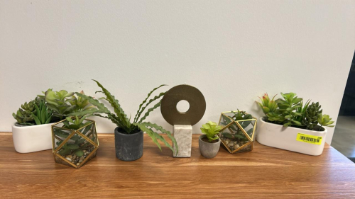 (1) LOT OF SMALL ARTIFICIAL POTTED PLANTS AND DECORE
