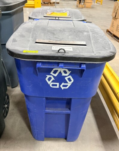 (2)_ BLUE PLASTIC RECYCLE TRASH CANS