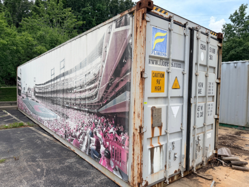 40' HIGH CUBE STEEL SHIPPING CONTAINER WITH DOUBLE SWING DOORS, WOOD FLOOR, AND CUSTOM EXTERIOR VINYL GRAPHICS