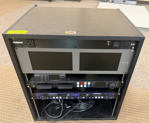 BLACKMAGIC DESIGN PORTABLE VIDEO PRODUCTION RACK WITH DUAL RACK MONITORS, BLACKMAGIC HYPERDECK STUDIO 12G RECORDER, BLACKMAGIC ATEM TELEVISION STUDIO SWITCHER, VOCOPRO SDR-4000 DIGITAL RECORDER, FURMAN M-8X&sup2; POWER CONDITIONER, AND GATOR PORTABLE RACK CASE