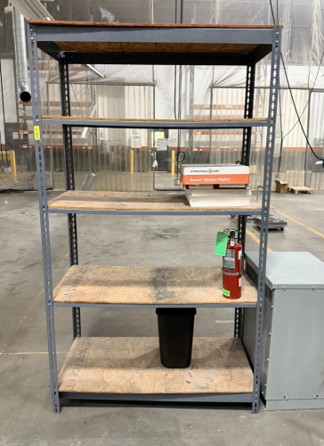48" X 24" FIVE TIER METAL SHELF W/ WOODEN INSERT SHELVES.