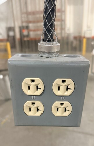 (8) FOUR OUTLET HANGING ELECTRICAL BOXES W/ 30' + OF ELECTRICAL CABLE.