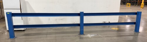 20' X 42" HEAVY-DUTY STEEL SAFETY GUARD RAIL SYSTEM WITH THREE UPRIGHT POSTS, DUAL HORIZONTAL RAILS, AND BASE PLATES FOR FLOOR ANCHORING. BLUE POWDER-COATED FINISH. INCLUDES (2) HORIZONTAL RAILS AND (3) UPRIGHT POSTS