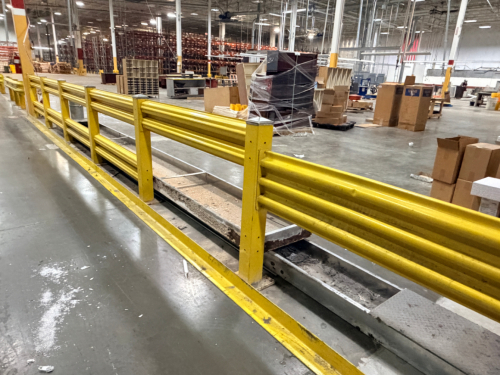 (10) SECTIONS OF STEEL SAFETY WAREHOUSE RAIL FENCING. (3) STAND ALONE SECTIONS.