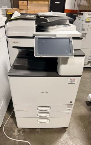 RICOH MP 2555SP AD MONOCHROME MULTIFUNCTION COPIER WITH AUTOMATIC DOCUMENT FEEDER, TOUCHSCREEN CONTROL PANEL, AND (3) PAPER DRAWERS.