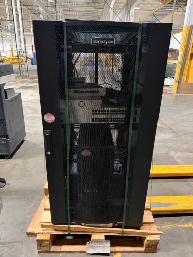 STARTECH.COM 42U LOCKING SERVER RACK CABINET WITH ASSORTED NETWORKING EQUIPMENT, HP DESKTOP COMPUTER, AND APC UPS BATTERY BACKUP