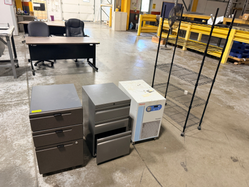 (3) HALF SIZE FILE CABINETS AND (1) BLACK WIRE SHELF.