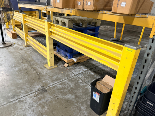 (7) SECTIONS OF STEEL WAREHOUSE SAFETY RAIL FENCING. 48" TO 70"
