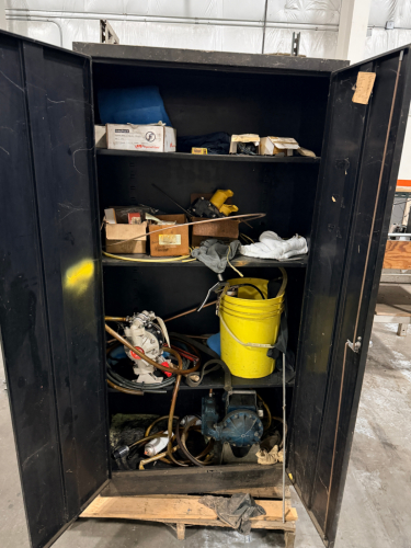 TWO DOOR METAL STORAGE CABINET W/ CONTENTS - PUMP PARTS AND HARDWARE,