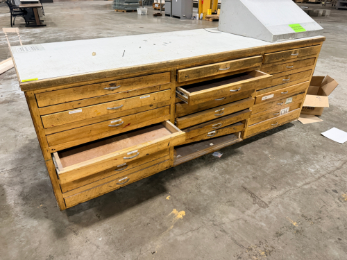 8' X 32" WOODEN SHOP TABLE W/ LOWER WOODEN DRAWER STORAGE.