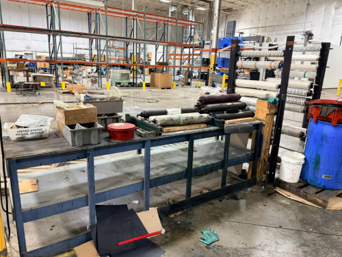 METAL FABRICATION TABLE W/ CONTENTS - ASSORTED INK ROLLERS, HARDWARE, AND MISC.