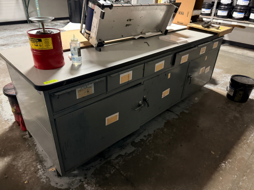10' METAL SHOP TABLE W/ LOWER STORAGE.