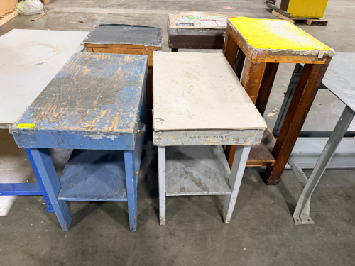 (5) ASSORTED WOODEN FABRICATION / WAREHOUSE TABLES.