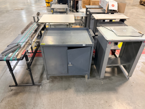 (1) LOT OF ASSORTED SHOP TABLES AND STANDS.