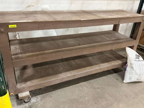 72" X 24" ROLL ABOUT WOODEN SHOP TABLE.