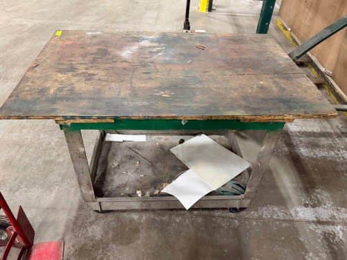 60" X 30" WOOD TOP TABLE ON UTILITY CART