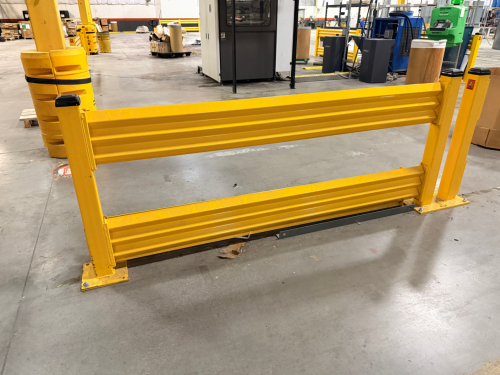 (4) SECTIONS OF HEAVY-DUTY STEEL WAREHOUSE SAFETY GUARD RAIL BARRIER SYSTEM WITH FLOOR-MOUNT POSTS, TRIPLE HORIZONTAL RAILS. YELLOW POWDER-COATED FINISH.