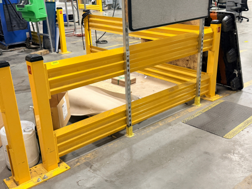 (4) SECTIONS OF HEAVY-DUTY STEEL WAREHOUSE SAFETY GUARD RAIL BARRIER SYSTEM WITH FLOOR-MOUNT POSTS, TRIPLE HORIZONTAL RAILS. YELLOW POWDER-COATED FINISH.