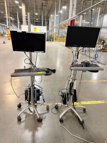 (2) COMPUTER WORKSTATION WITH MOBILE CART, HP ELITEDESK MINI PC, MONITOR, KEYBOARD, MOUSE, AND BARCODE SCANNER