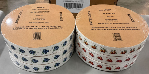 PSA COIL STAMPS CONSISTING OF FOURTEEN (14) FACTORY SHRINK-WRAPPED 10,000-STAMP 4&cent; BLUEBERRIES COILS AND TWENTY-FIVE (25) FACTORY SHRINK-WRAPPED 10,000-STAMP 1&cent; APPLES COILS.
