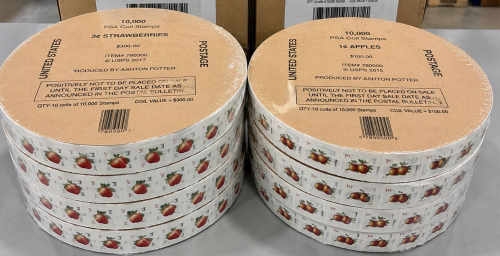 PSA COIL STAMPS CONSISTING OF APPROXIMATELY TEN (10) FACTORY SHRINK-WRAPPED 10,000-STAMP 3&cent; STRAWBERRIES COILS AND APPROXIMATELY TEN (10) PARTIAL/OPEN 10,000-STAMP 1&cent; APPLES COILS. OPEN COILS APPEAR PARTIALLY USED; REMAINING STAMP COUNT NOT VERIFIED.