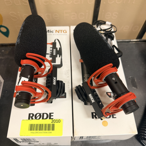 (2) RODE VIDEOMIC NTG ON-CAMERA SHOTGUN MICROPHONES WITH INTEGRATED SHOCK MOUNTS, FOAM WINDSCREENS, AND ORIGINAL FACTORY BOXES.