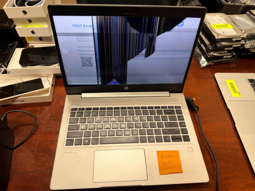 HP PROBOOK LAPTOP COMPUTER WITH DAMAGED DISPLAY. (NO POWER CORD INCLUDED)