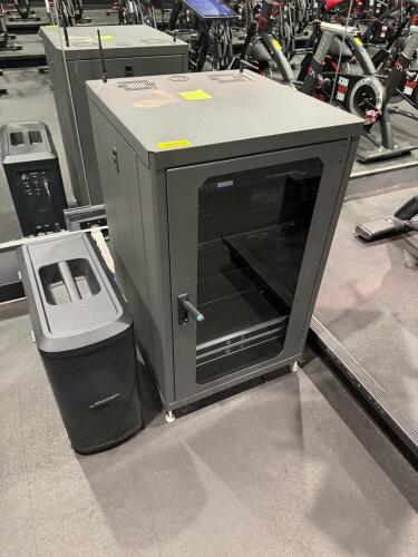 (1) COMPLETE COMMERCIAL AUDIO SYSTEM FEATURING 9 BOSE SPEAKERS, PROFESSIONAL AMPLIFIERS, WIRELESS MICROPHONES, POWER MANAGEMENT, AND EQUIPMENT RACK, AND CONTROL PANEL
