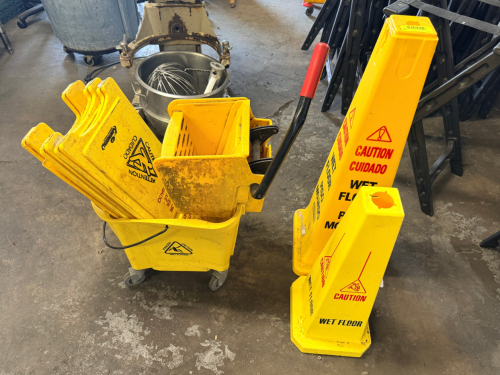 (1) LOT OF ASSORTED WET FLOOR SIGNS AND (1) MOP BUCKET