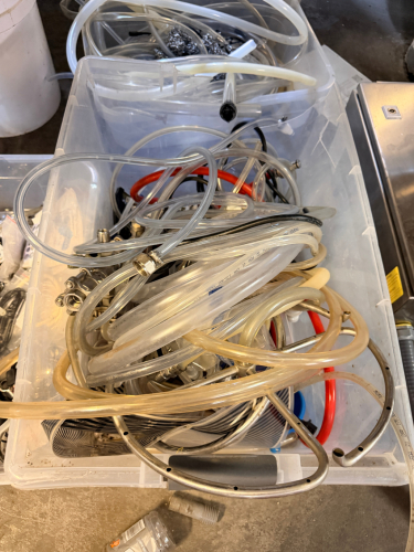 SANITARY TRANSFER PUMP WITH 3 TOTES OF BREWERY FITTINGS AND HOSES AS SHOWN